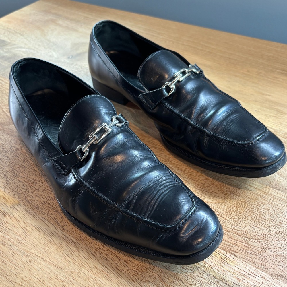 Salvatore Ferragamo Loafers Dress Shoes Silver Gancini Bit Black Leather‎ 9.5 D